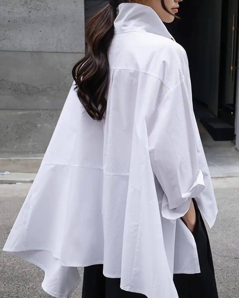 women's long-sleeved loose solid color lapel shirt tops