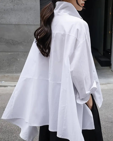women's long-sleeved loose solid color lapel shirt tops