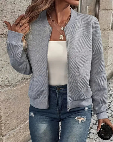Textured Cropped Knit Bomber Jacket