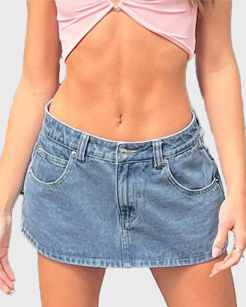 Vintage Blue Denim Mini Skirt – Casual Cotton Fit with Belt Loops
