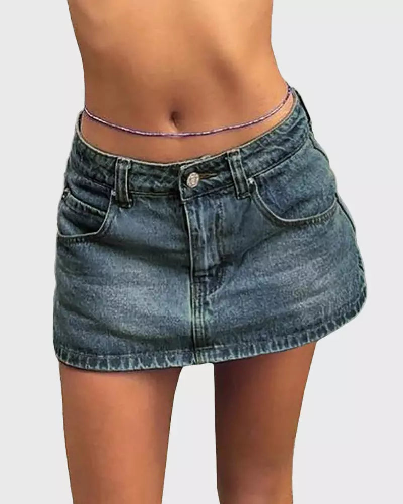 Vintage Blue Denim Mini Skirt – Casual Cotton Fit with Belt Loops