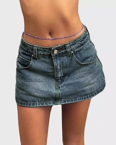Vintage Blue Denim Mini Skirt – Casual Cotton Fit with Belt Loops