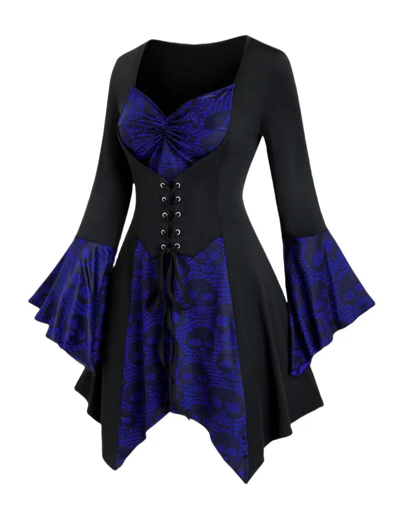 Halloween Women's Gothic Skull Print Top with Lace-Up Waist