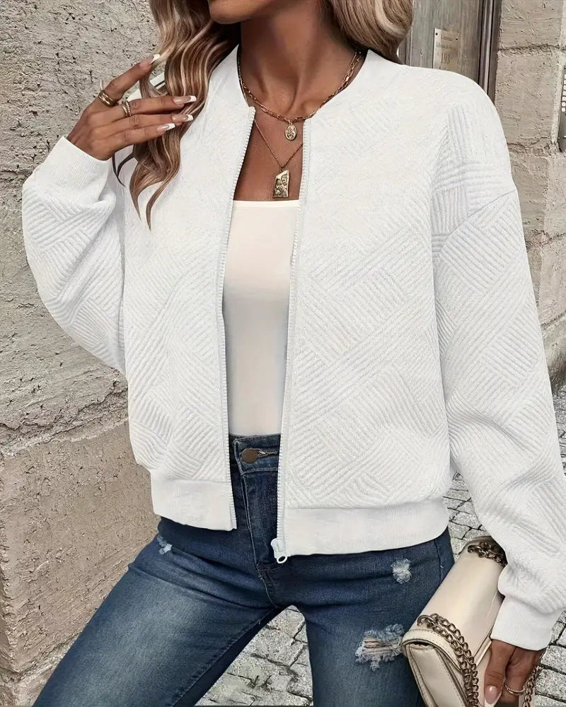 Textured Cropped Knit Bomber Jacket