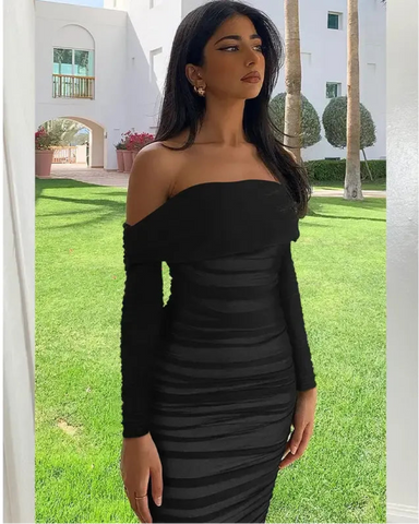 Women's Sexy Elegant Ruffle Long Sleeve Off Shoulder Ruched Party Mini Dress Fabric Formal Fabric Formal