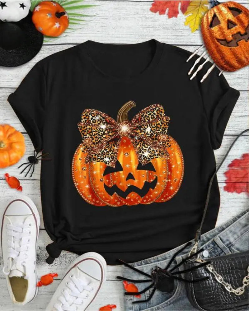 100% Cotton Pumpkin Leopard Coquette Bow Girly  Halloween T-Shirt