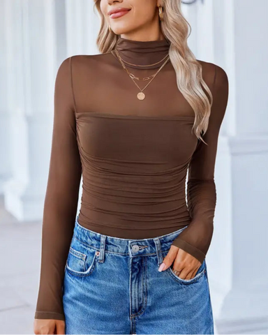 Women's Long Sleeve Bodysuit Turtle Neck Ruched Mesh Shapewear Slim Fit Elegant Basic Tops