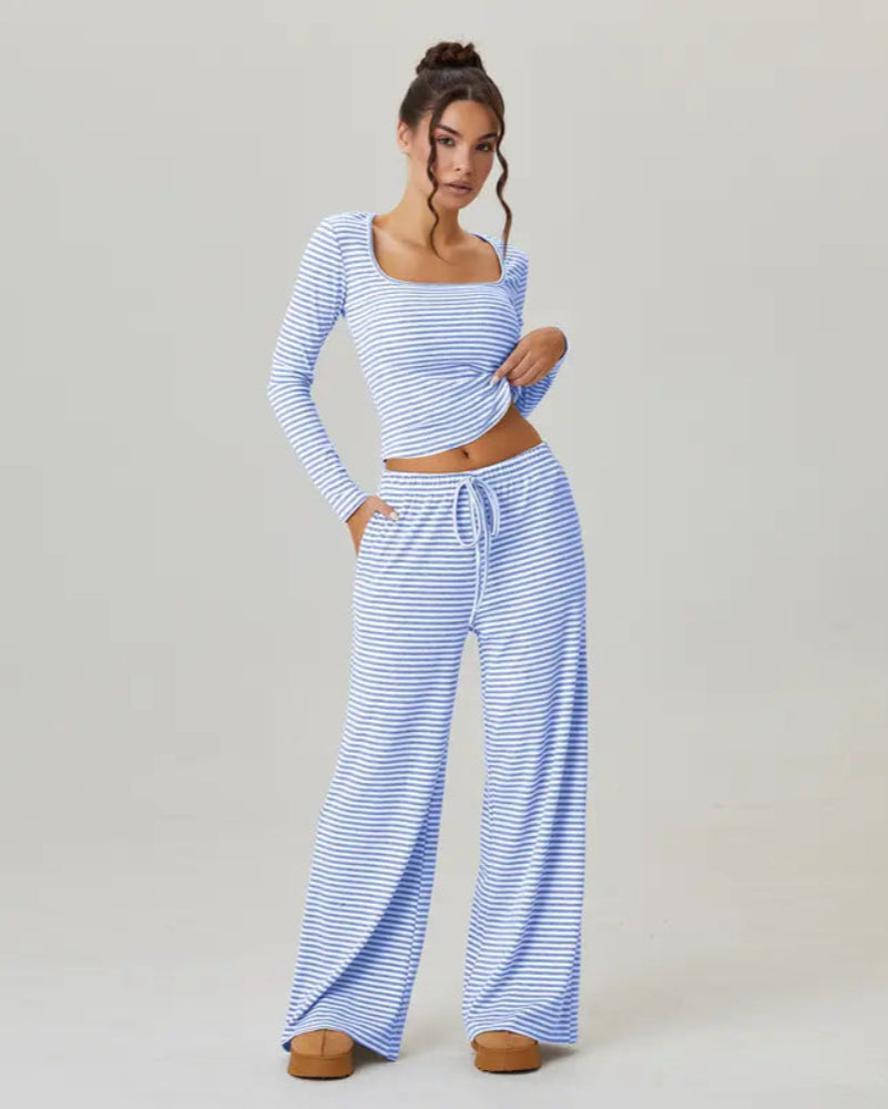 Women's Slouchy Square Neck Stripe Long Sleeve Crop Top & Low-Rise Wide Leg Trousers Co-ord