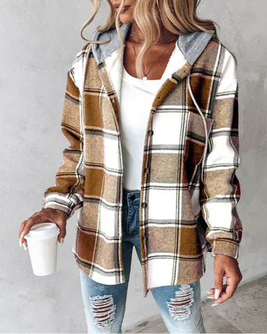 Women's Plaid Pattern Long Sleeve Shacket Button Down Fleece Lined Hooded Jackets