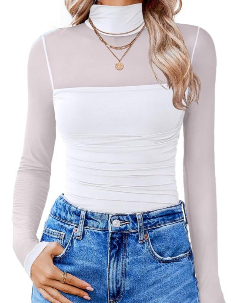 Women's Long Sleeve Bodysuit Turtle Neck Ruched Mesh Shapewear Slim Fit Elegant Basic Tops