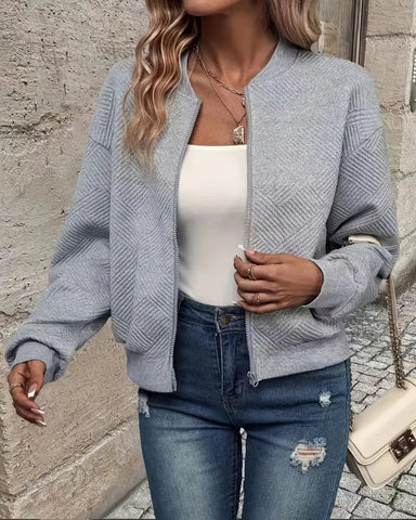 Textured Cropped Knit Bomber Jacket