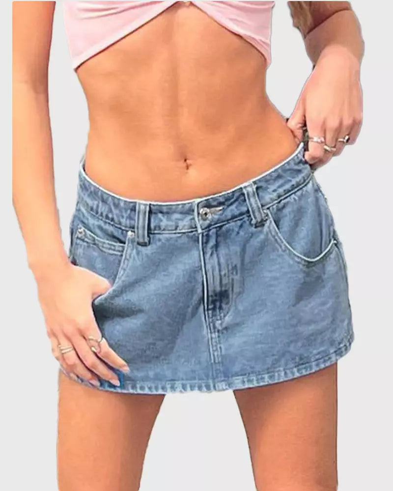 Vintage Blue Denim Mini Skirt – Casual Cotton Fit with Belt Loops