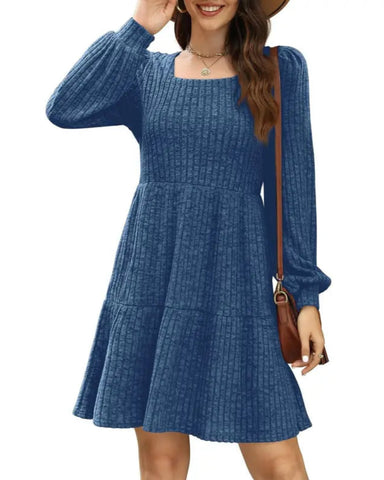 WIHOLL Womens Square Neck Long Sleeve Fall Dresses Casual Babydoll Sweater Dress