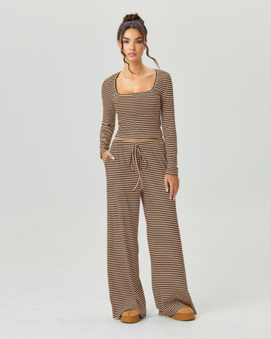 Women's Slouchy Square Neck Stripe Long Sleeve Crop Top & Low-Rise Wide Leg Trousers Co-ord