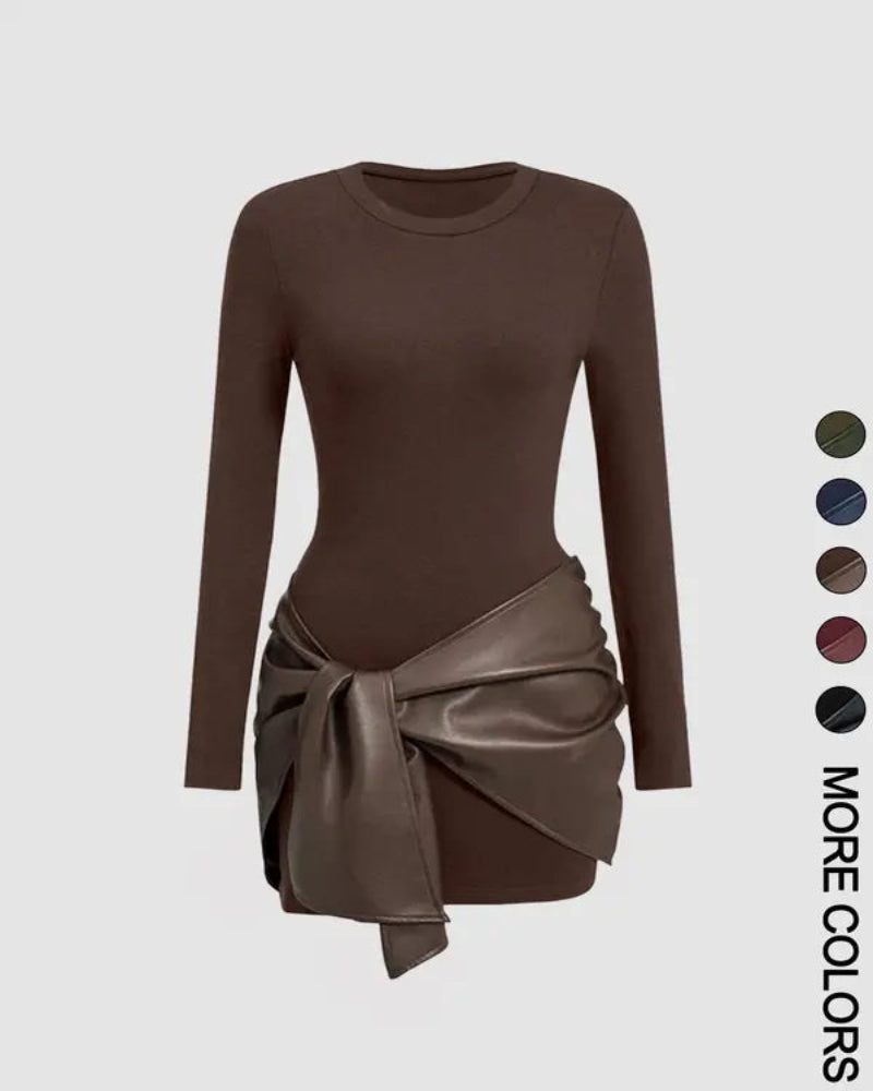 Women's Patchwork Knot Side Dress, Casual Fashion Long Sleeve