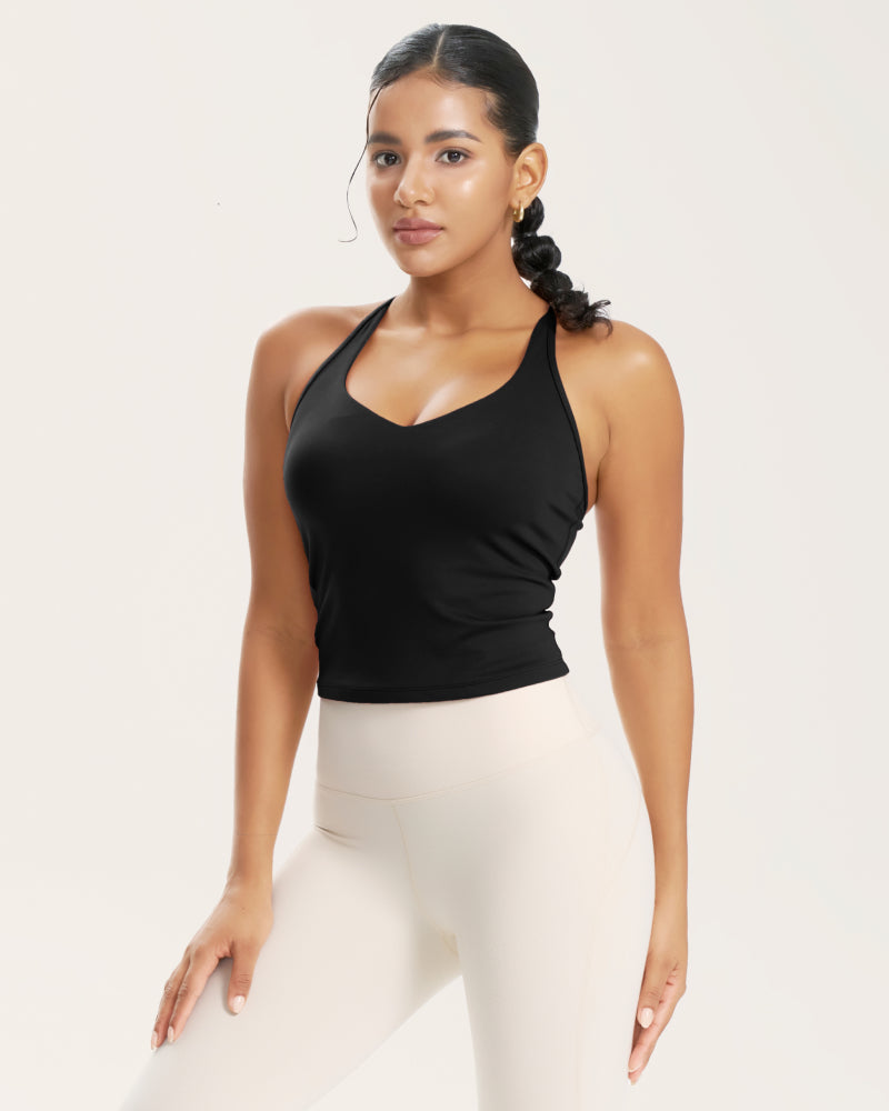 Longline racer-back sports bra tank top with built-in bra