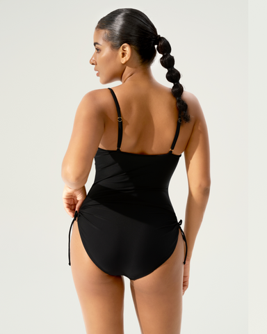 Spaghetti strap drawstring one-piece swimsuit