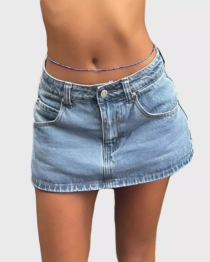 Vintage Blue Denim Mini Skirt – Casual Cotton Fit with Belt Loops