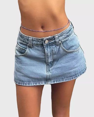 Vintage Blue Denim Mini Skirt – Casual Cotton Fit with Belt Loops