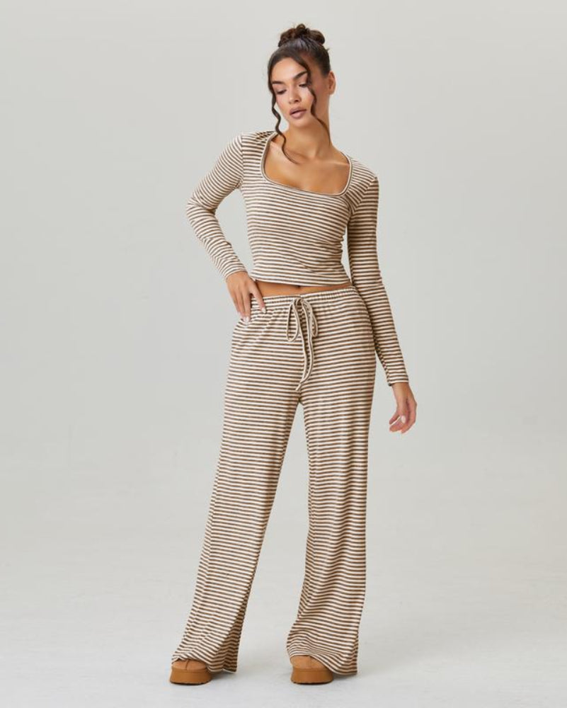 Women's Slouchy Square Neck Stripe Long Sleeve Crop Top & Low-Rise Wide Leg Trousers Co-ord