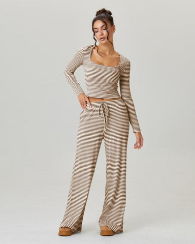Women's Slouchy Square Neck Stripe Long Sleeve Crop Top & Low-Rise Wide Leg Trousers Co-ord