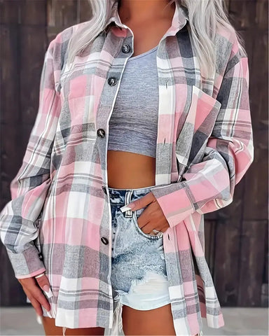 Women's Casual Plaid Shirt - Long Sleeve, Button-Up Front, Polyester