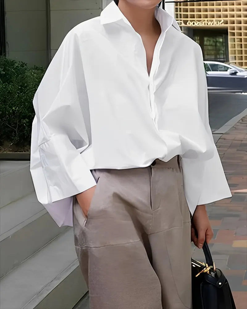 women's long-sleeved loose solid color lapel shirt tops
