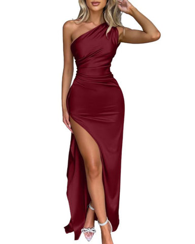 Women's Sexy One Shoulder Satin High Split Cocktail Fit Wedding Party Maxi Formal Dress