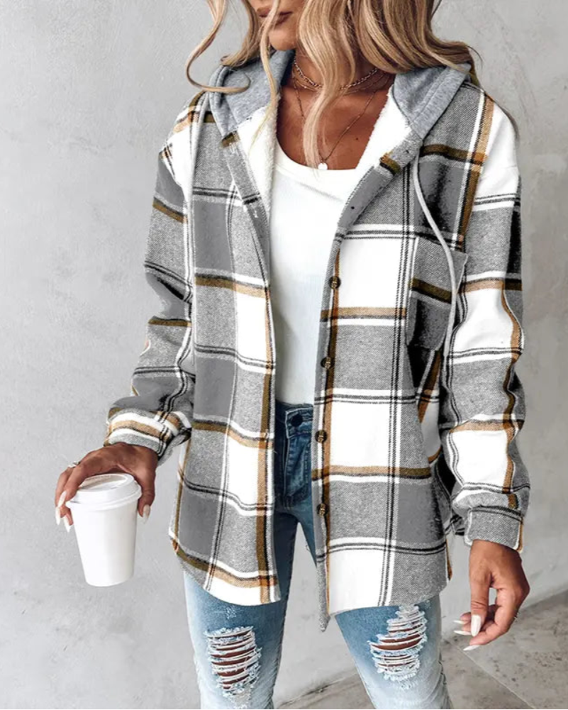 Women's Plaid Pattern Long Sleeve Shacket Button Down Fleece Lined Hooded Jackets