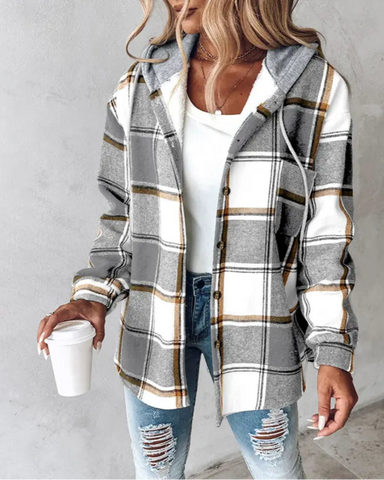 Women's Plaid Pattern Long Sleeve Shacket Button Down Fleece Lined Hooded Jackets