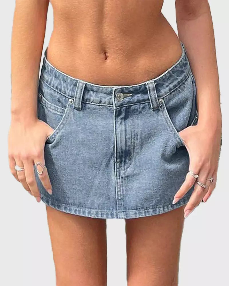 Vintage Blue Denim Mini Skirt – Casual Cotton Fit with Belt Loops