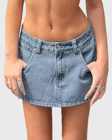 Vintage Blue Denim Mini Skirt – Casual Cotton Fit with Belt Loops