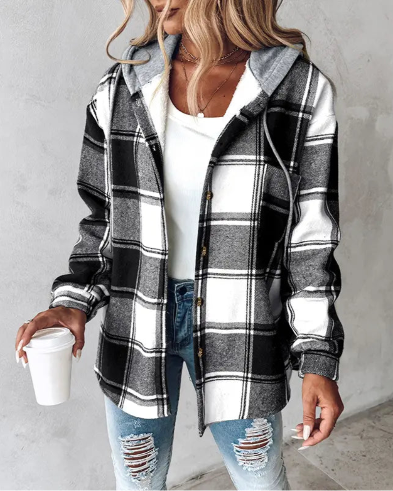 Women's Plaid Pattern Long Sleeve Shacket Button Down Fleece Lined Hooded Jackets