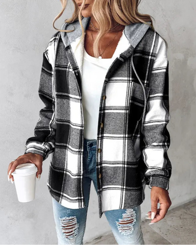 Women's Plaid Pattern Long Sleeve Shacket Button Down Fleece Lined Hooded Jackets