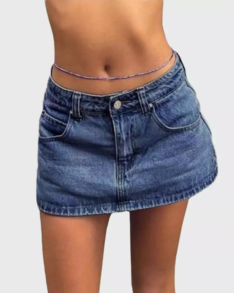 Vintage Blue Denim Mini Skirt – Casual Cotton Fit with Belt Loops