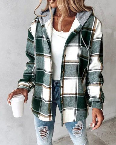 Women's Plaid Pattern Long Sleeve Shacket Button Down Fleece Lined Hooded Jackets