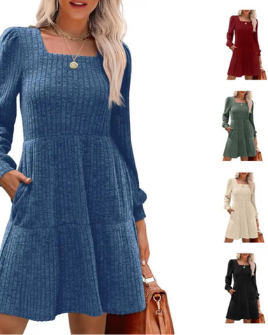 WIHOLL Womens Square Neck Long Sleeve Fall Dresses Casual Babydoll Sweater Dress