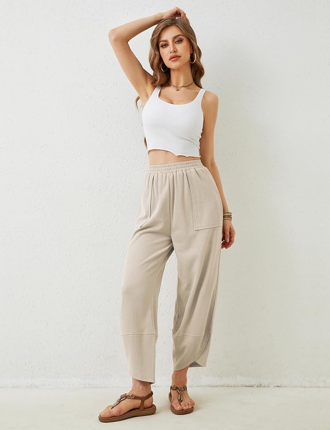 Womens Baggy Wide Leg Pants Casual Elastic Waisted Palazzo Harem Pants with Pockets