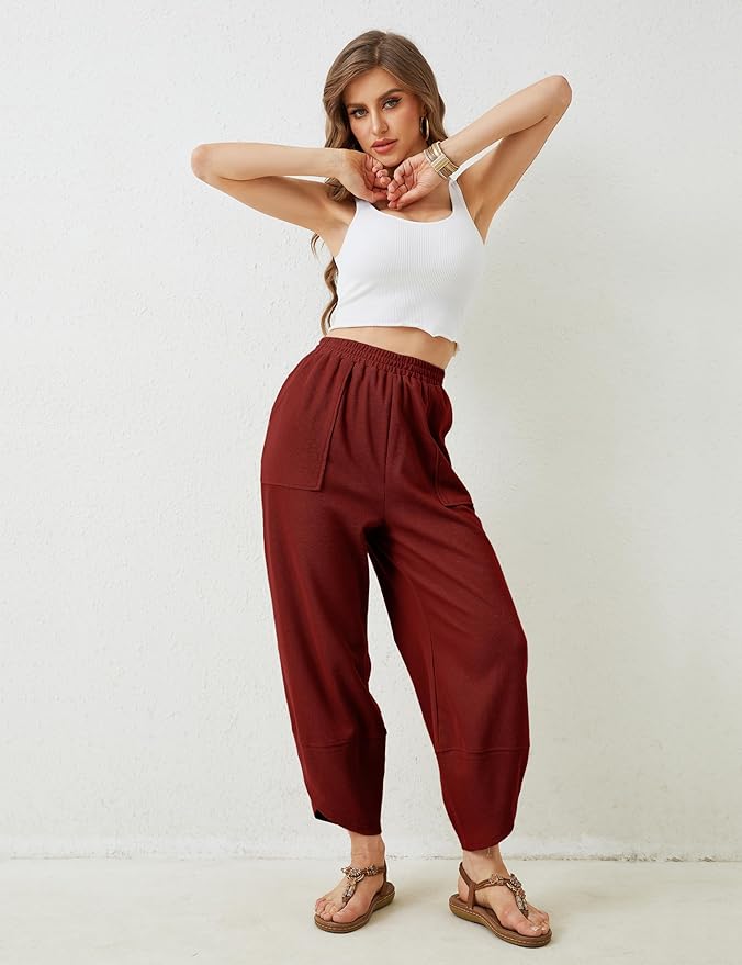 Womens Baggy Wide Leg Pants Casual Elastic Waisted Palazzo Harem Pants with Pockets