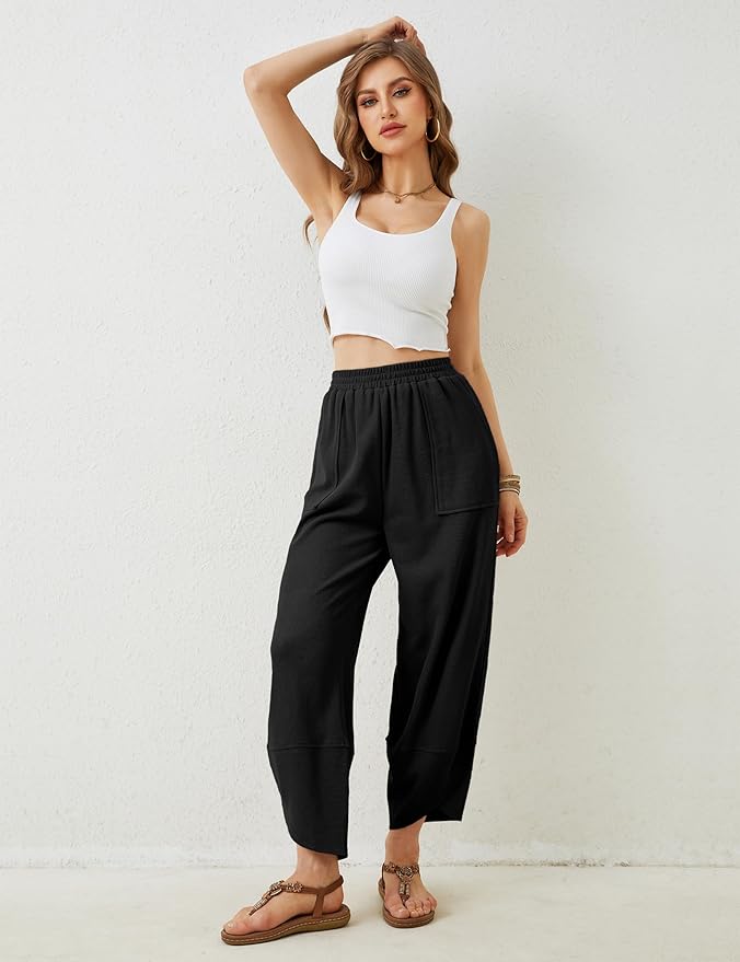 Womens Baggy Wide Leg Pants Casual Elastic Waisted Palazzo Harem Pants with Pockets