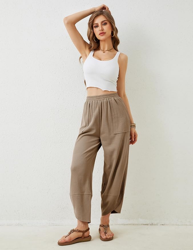 Womens Baggy Wide Leg Pants Casual Elastic Waisted Palazzo Harem Pants with Pockets