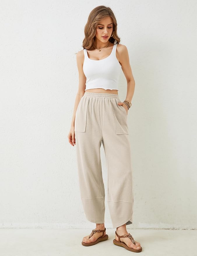 Womens Baggy Wide Leg Pants Casual Elastic Waisted Palazzo Harem Pants with Pockets