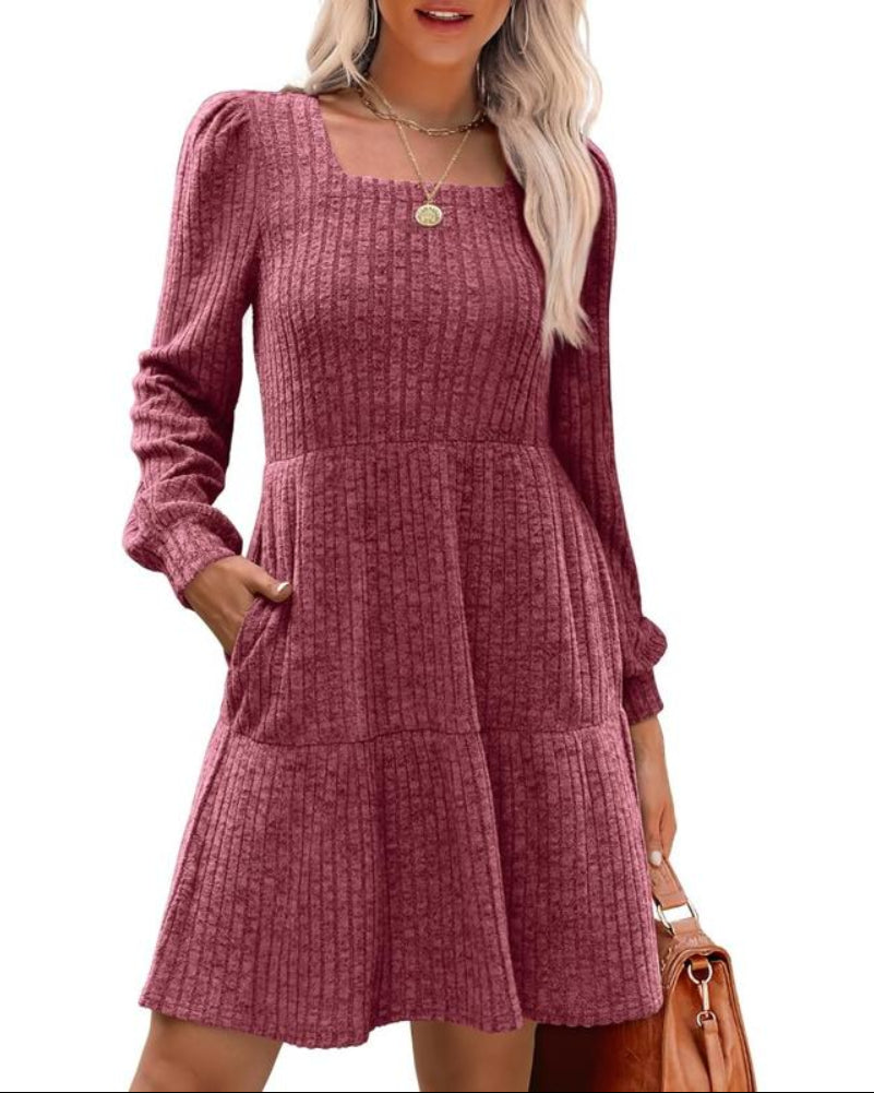 WIHOLL Womens Square Neck Long Sleeve Fall Dresses Casual Babydoll Sweater Dress