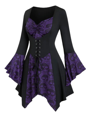 Halloween Women's Gothic Skull Print Top with Lace-Up Waist