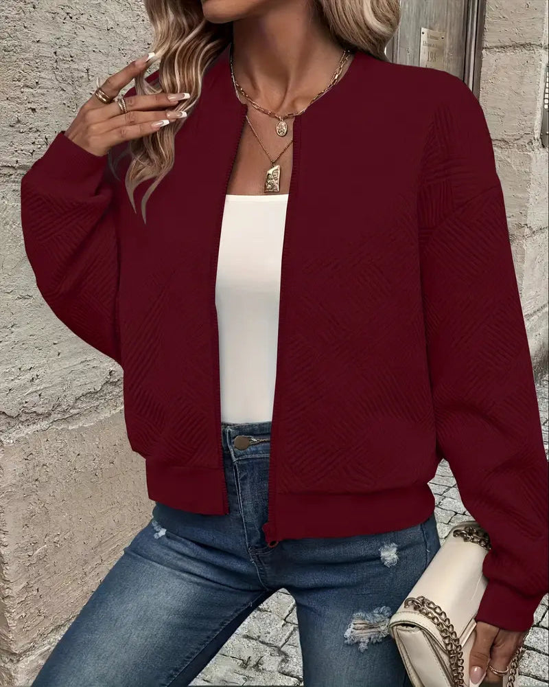 Textured Cropped Knit Bomber Jacket
