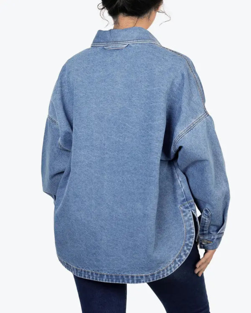 Women's Plain Button Front Drop Shoulder Curved Hem Denim Jacket