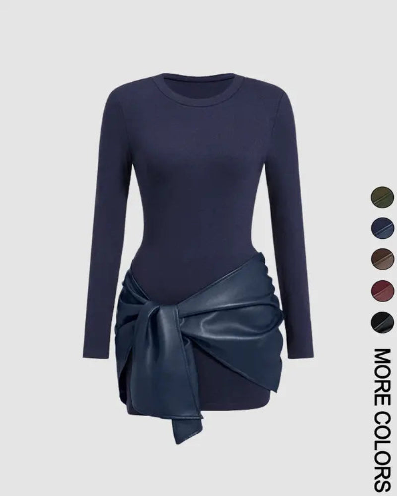 Women's Patchwork Knot Side Dress, Casual Fashion Long Sleeve