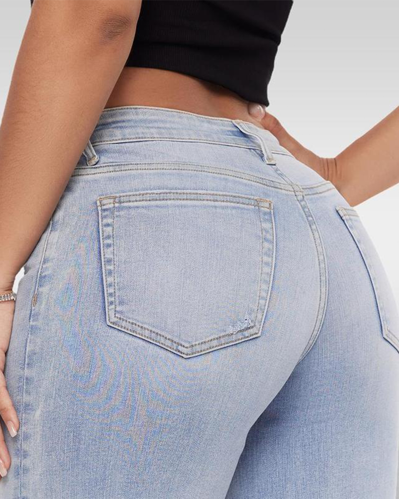 Mid-low waist loose jeans, women's stretch wide leg, distressed pants