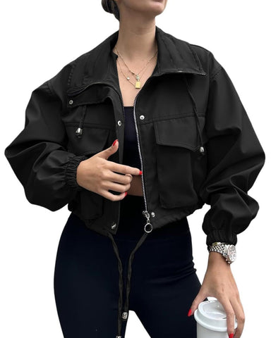Women‘s Cropped Jacket Zip Up Oversized Utility Short Coat