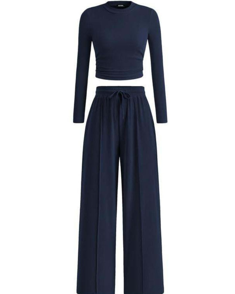 Women's Ribbed Knit Crop Top & Wide Leg Pants Set